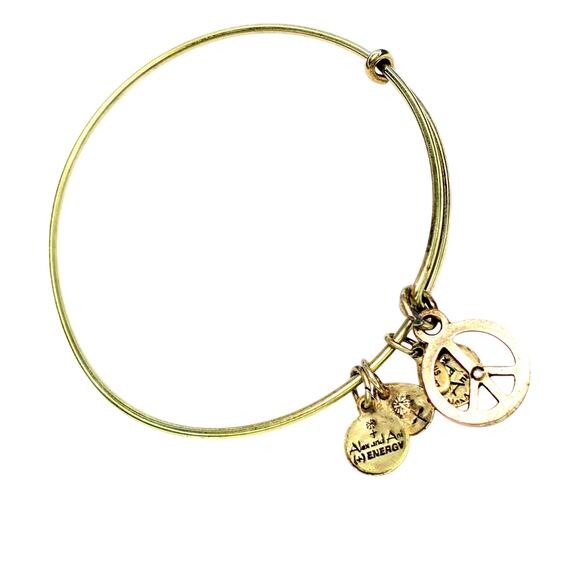 Alex and Ani Cowboy Boot Peace Sign Brown Glass Beaded Gold Tone Bangle Bracelet - Picture 7 of 8